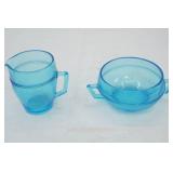 Vintage Fostoria Priscilla Blue Glass Sugar Bowl & Creamer Set. Azure Blue