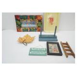 Rosemaling folk art napkin holder, I see The Moon Sign, Metal Maple Leaf Hook, Crucifixion of Jesus, Vintage Tin TV Tray, Last Supper Collage Art on Glass