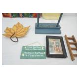 Rosemaling folk art napkin holder, I see The Moon Sign, Metal Maple Leaf Hook, Crucifixion of Jesus, Vintage Tin TV Tray, Last Supper Collage Art on Glass