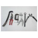 Hand Tools: Pliers, Nail Puller, Snip, large C-Clamp, Nipper, pitcher frame pliers