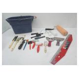 Paint Supply Lot: Bucket, Metal Edge, putty knives, brushes, rollers