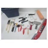 Paint Supply Lot: Bucket, Metal Edge, putty knives, brushes, rollers