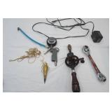 Harley Davidson Battery Tender; Vintage Hand-Crank Drill "egg Beater"; Thorsen 8-in-1 "dog bone" style socket wrench; Vintage Brass Plumb Bob; digital tire pressure gauge and inflator