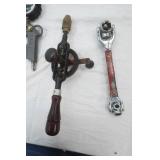 Harley Davidson Battery Tender; Vintage Hand-Crank Drill "egg Beater"; Thorsen 8-in-1 "dog bone" style socket wrench; Vintage Brass Plumb Bob; digital tire pressure gauge and inflator