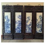 Chinese Mountain River Porcelain Blue & White Carved Wood Large Wall Panels