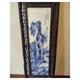 Chinese Mountain River Porcelain Blue & White Carved Wood Large Wall Panels