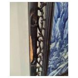 Chinese Mountain River Porcelain Blue & White Carved Wood Large Wall Panels