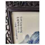 Chinese Mountain River Porcelain Blue & White Carved Wood Large Wall Panels