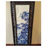 Chinese Mountain River Porcelain Blue & White Carved Wood Large Wall Panels