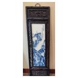 Chinese Mountain River Porcelain Blue & White Carved Wood Large Wall Panels
