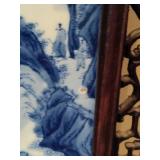 Chinese Mountain River Porcelain Blue & White Carved Wood Large Wall Panels