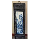 Chinese Mountain River Porcelain Blue & White Carved Wood Large Wall Panels