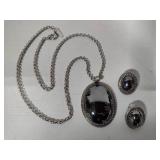Whiting Davis Hematite Oval Pendant & Clip Earrings Set