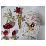 Danbury Mint "A Dozen Roses" 24K Gold Clad Earrings & Asst Rose Brooches