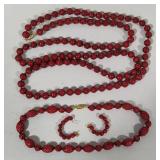 Carved Cinnabar Beaded Necklaces & Earring Set