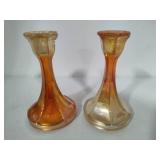 Marigold Carnival Glass Candlestick Holders