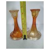 Marigold Carnival Glass Candlestick Holders