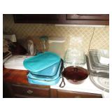 Glass bakeware pans, wood knife blo...