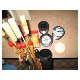 Ice fishing poles, scoops, sinkers,...