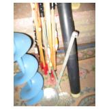 Ice fishing poles, scoops, sinkers,...