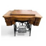 Antique Cast Iron New Home Sewing Machine (Orange, Massachusetts USA) in Original Cabinet