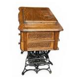 Antique Cast Iron New Home Sewing Machine (Orange, Massachusetts USA) in Original Cabinet