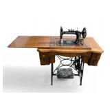 Antique Cast Iron New Home Sewing Machine (Orange, Massachusetts USA) in Original Cabinet