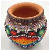Vintage Huichol Mini Clay Pot with Intricate Bead Mosaic
