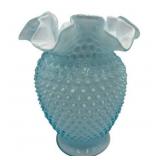 Vintage 6" Fenton Art Glass Light Blue Hobnail Ruffled Edge Vase