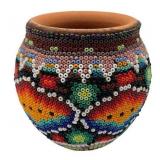 Vintage Huichol Mini Clay Pot with Intricate Bead Mosaic