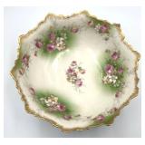 Antique Limoges (France) Porcelain Serving Bowl with Scalloped Rim, Pink Floral Sprays and Footed Design
