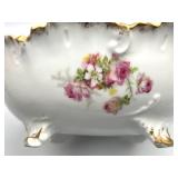 Antique Limoges (France) Porcelain Serving Bowl with Scalloped Rim, Pink Floral Sprays and Footed Design