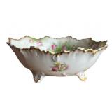 Antique Limoges (France) Porcelain Serving Bowl with Scalloped Rim, Pink Floral Sprays and Footed Design