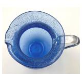 Vintage 7.5" Blue Hand Blown Glass Pitcher with Clear Handle