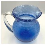 Vintage 7.5" Blue Hand Blown Glass Pitcher with Clear Handle