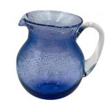 Vintage 7.5" Blue Hand Blown Glass Pitcher with Clear Handle