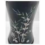 Vintage 9.5" French Black Lacquer Vase Featuring Inlaid Mother-Of-Pearl Floral & Bird Designs