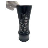 Vintage 9.5" French Black Lacquer Vase Featuring Inlaid Mother-Of-Pearl Floral & Bird Designs