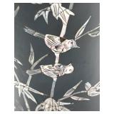 Vintage 9.5" French Black Lacquer Vase Featuring Inlaid Mother-Of-Pearl Floral & Bird Designs