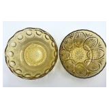 MCM Bartlett Collins Manhattan Amber Glass Bowl (3" T x 8.5" W) & Anchor Hocking Amber Pressed Glass Bowl Featuring the Medallion Honeygold Pattern (2.5" T x 8" W)