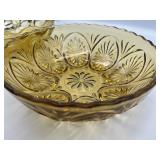 MCM Bartlett Collins Manhattan Amber Glass Bowl (3" T x 8.5" W) & Anchor Hocking Amber Pressed Glass Bowl Featuring the Medallion Honeygold Pattern (2.5" T x 8" W)