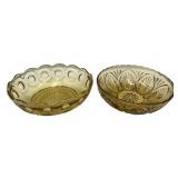 MCM Bartlett Collins Manhattan Amber Glass Bowl (3" T x 8.5" W) & Anchor Hocking Amber Pressed Glass Bowl Featuring the Medallion Honeygold Pattern (2.5" T x 8" W)