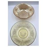 Vintage Amber Etched Depression Federal Glass Bowl (2.25" T x 8.5" W) & Indiana Glass Company Carnival Glass Bowl in Marigold Basket Weave Pattern (3" T x 9" W)