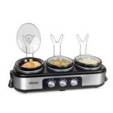 Nostalgia Stainless Steel 3-Station 1.5-Quart Oval Slow Cooker Buffet, With Lid & Spoon Rest, Adjustable Heat Control, Perfect for Parties, Holidays, Families