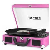 Victrola Bluetooth Suitcase Record Player with 3-speed Turntable Pink Color