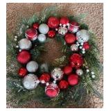 New in Box Christmas Wreath With Red and Gray Holiday Balls