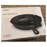 Cast Iron Skillets from Cooks Brand, 3-Pack but The Largest Skillet is Missing, The Two Skillets Remaining are 6 1/4” and 7 7/8” Sizes