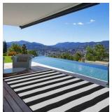 Plastic Straw Outdoor Waterproof Patio and Deck Rug, Foldable, Reversible, Great for Camping, RV, Deck, Porch, Picnic, Beach, Balcony, Black and White Stripes Design