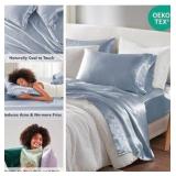 Madison Park Satin Sheets Full Size, Luxurious Silky Bed Sheets, Elastic 14" Pocket fits up to 16" Mattress, Wrinkle-Free, Soft Satin Bed Sheet Set, Blue