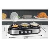 Nostalgia Stainless Steel 3-Station 1.5-Quart Oval Slow Cooker Buffet, With Lid & Spoon Rest, Adjustable Heat Control, Perfect for Parties, Holidays, Families